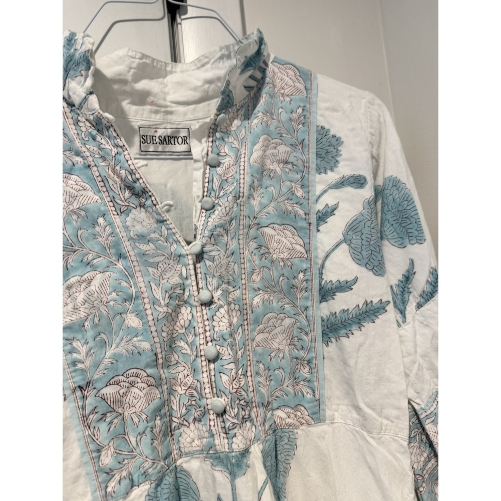 Sue Sartor Women's Blue Floral Flounce Dress Long sleeves XS Boho Artsy NO BELT - Picture 8 of 16